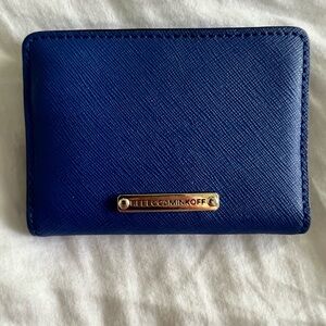 Rebecca Minkoff Navy Blue Saffiano Leather Card Holder with Gold Plaque